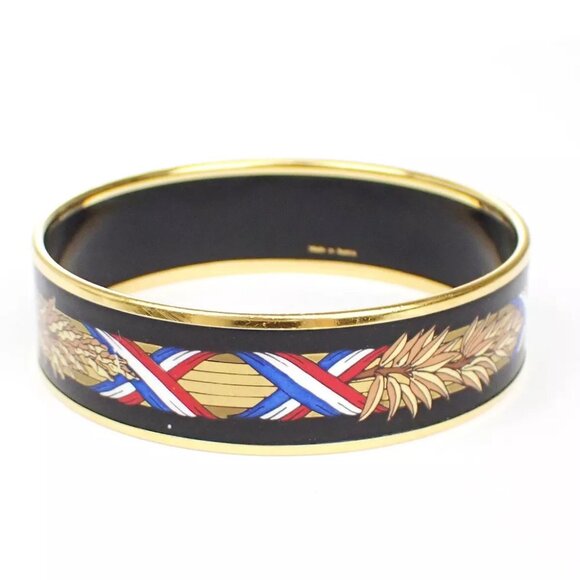 AUTHENTICITY GUARANTEED HERMES Logo Cloisonne Enamel Bangle Bracelet Black - Picture 1 of 9